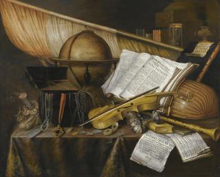 Edwaert Collier - A Vanitas Still Life With Books And Leaflets, A Globe, A Princely Flag, A Musical Score, Musical Instruments And An Hourglass On A Draped Table With A Silver Tazza, Coins, A Watch And A Purse