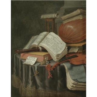 Edwaert Collier - A Vanitas Still Life With Books And Manuscripts, A Recorder, A Lute, A Violin, An Hourglass And A Compass, All On A Draped Table