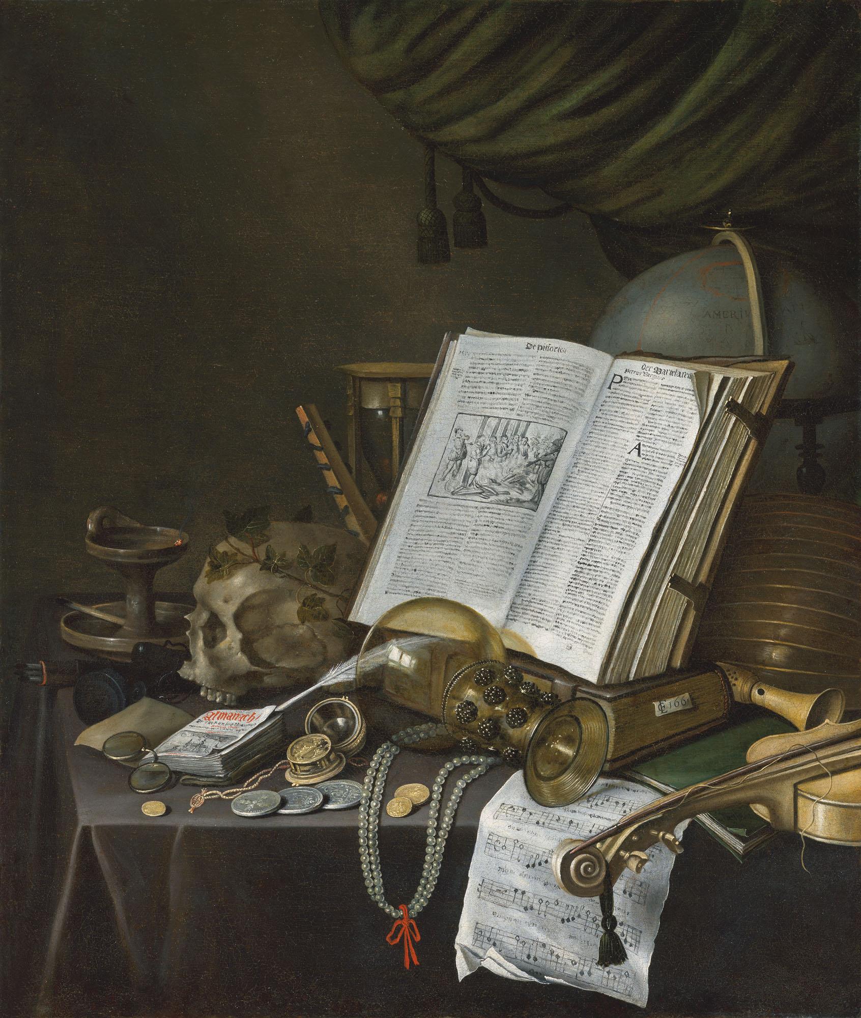 Edwaert Collier - A vanitas still life with coins, pearls, a pocket watch, eyeglasses, an earthenware candleholder, a skull, musical instruments, books, an overturned roemer, sheet music, a globe and an hourglass on a table before a curtain