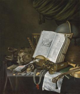 Edwaert Collier - A vanitas still life with coins, pearls, a pocket watch, eyeglasses, an earthenware candleholder, a skull, musical instruments, books, an overturned roemer, sheet music, a globe and an hourglass on a table before a curtain