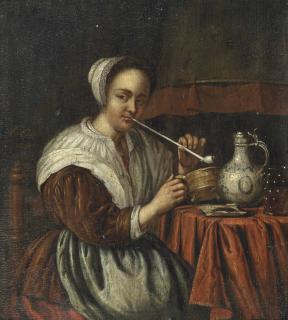 Edwaert Collier - A woman smoking a pipe at a table