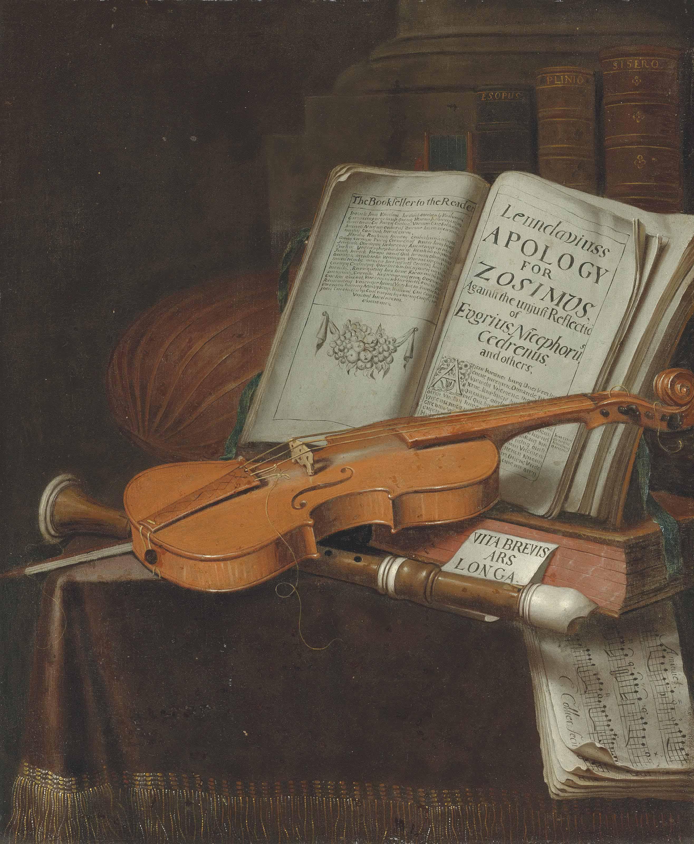 Edwaert Collier - An open book with a violin, a flute and music sheets on a draped table