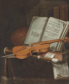 Edwaert Collier - An open book with a violin, a flute and music sheets on a draped table