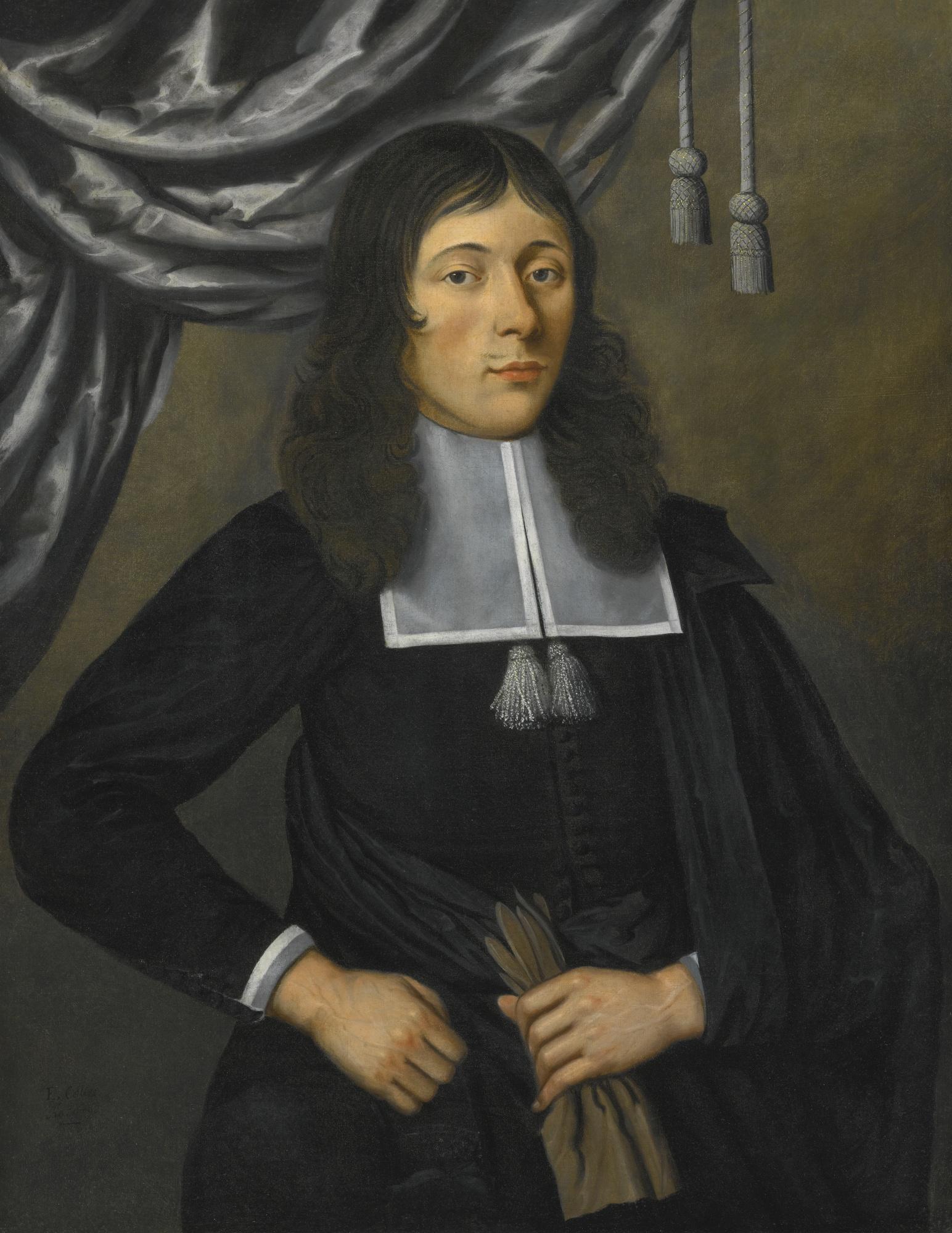 Edwaert Collier - Portrait Of A Gentleman, Three-Quarter Length, In A Black Cape, Holding A Glove, Standing In Front Of A Curtain
