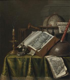 Edwaert Collier - Vanitas Still Life With A Candlestick, Books, Musical Instruments, An Astrological Globe, A Pocket Watch, And An Hourglass All On A Draped Table