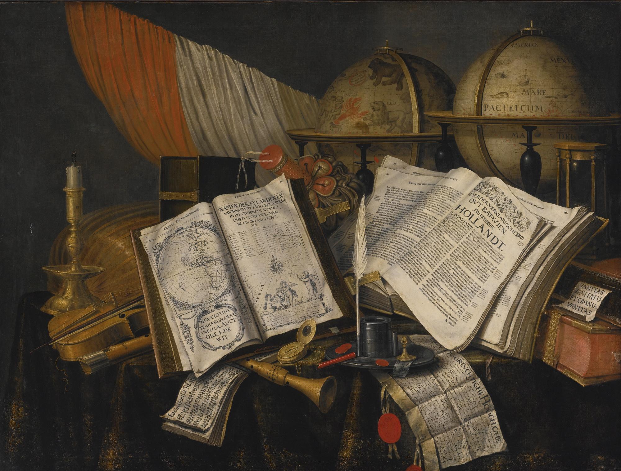 Edwaert Collier - Vanitas Still Life With A Candlestick, Musical Instruments, Dutch Books, A Writing Set, An Astrological And A Terrestial Globe And An Hourglass, All On A Draped Table