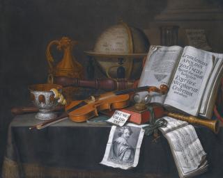 Edwaert Collier - Vanitas Still Life With A Globe, A Violin And Bow, Lemon Peel, A Recorder, A Musical Score, An Open Book, An Hour Glass And Other Objects