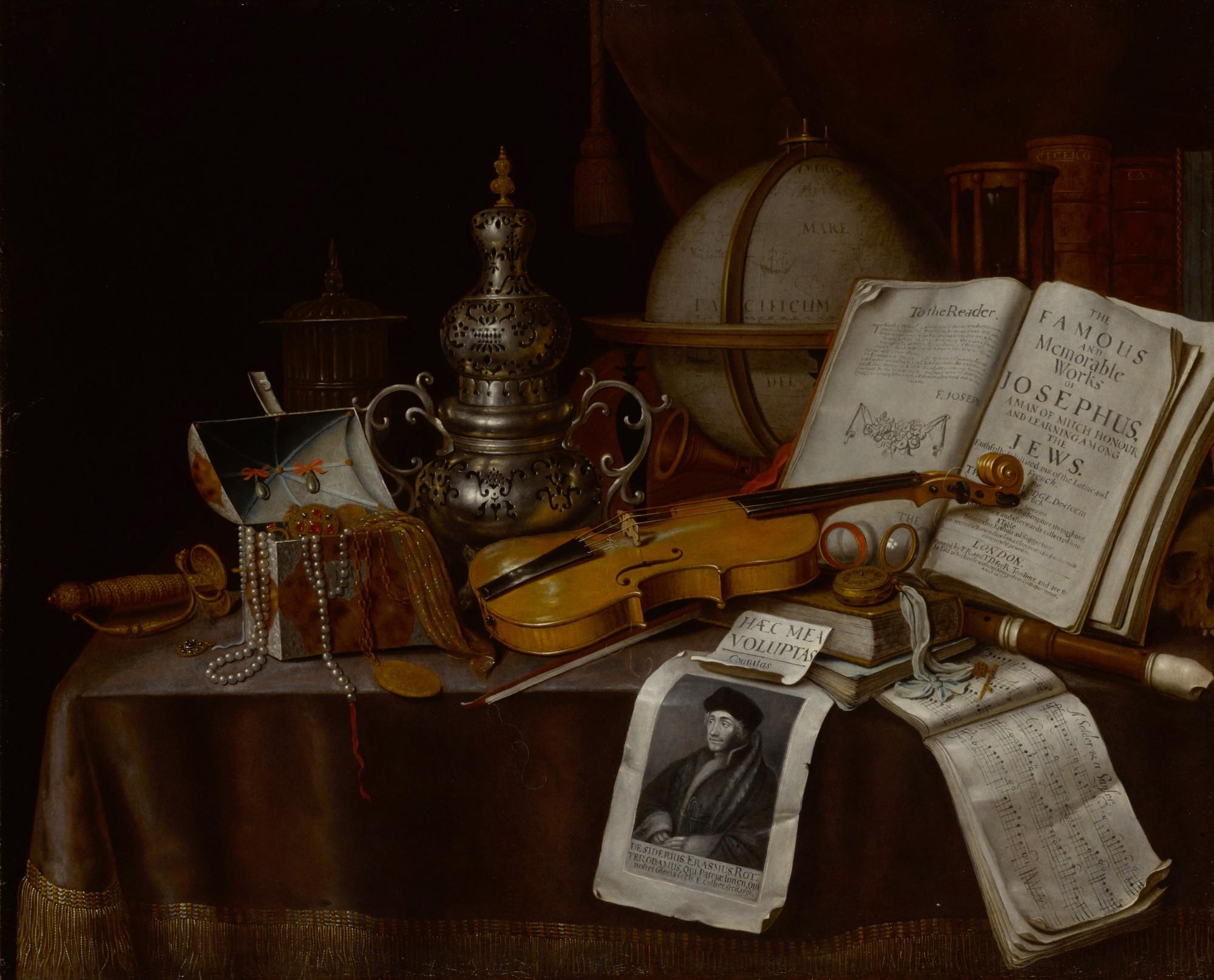 Edwaert Collier - Vanitas Still Life With A Violin, Silver Incense Burner, Globe, Sword, Box Of Jewelry, And Manuscripts