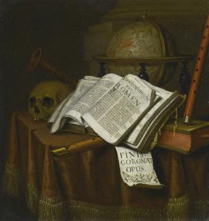Edwaert Collier - Vanitas Still Life With Astrological Globe, Musical Instruments, Skull, And Books On A Draped Table