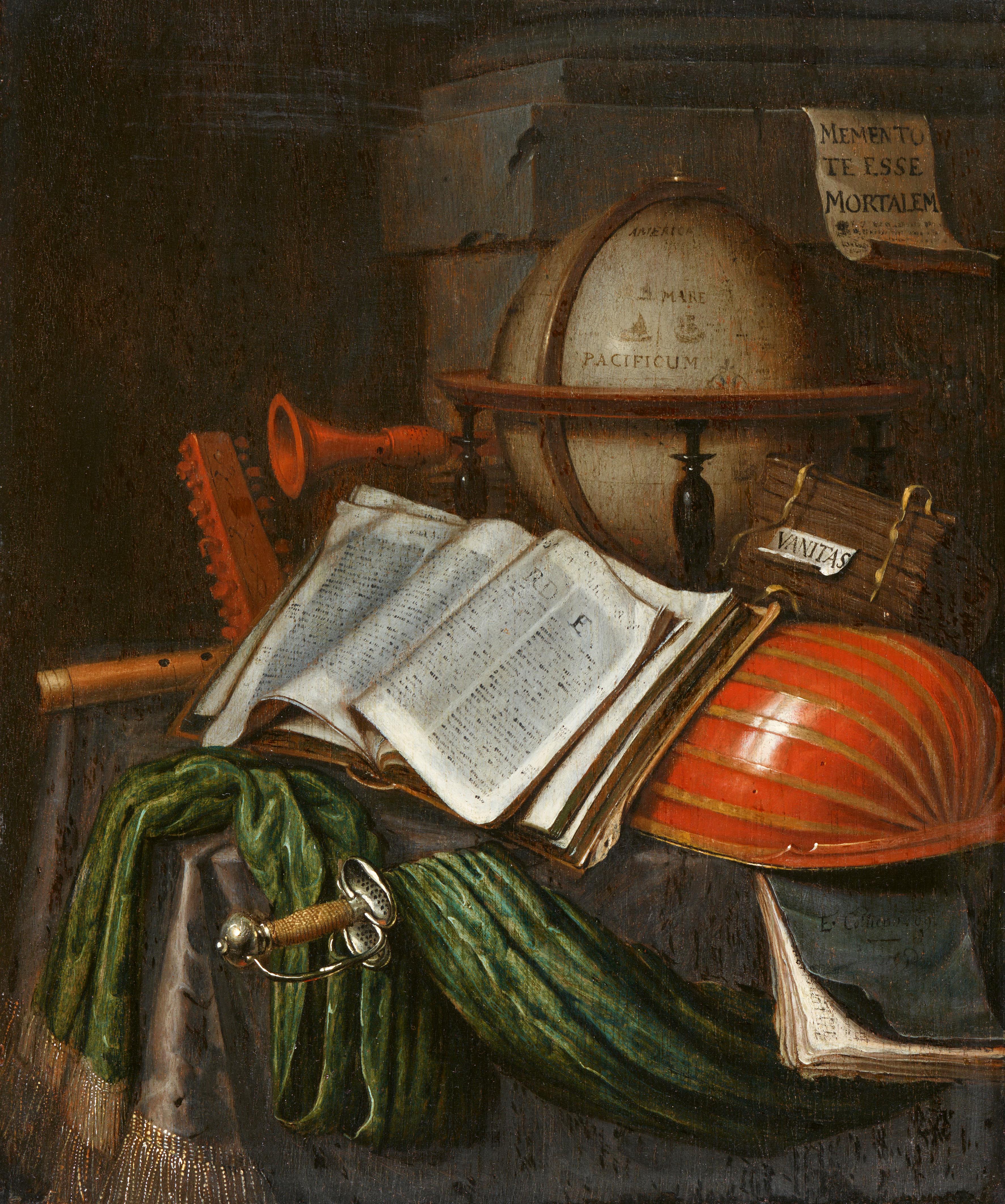 Edwaert Collier - Vanitasstillleben mit Schwert, Erdglobus und Musikinstrumenten