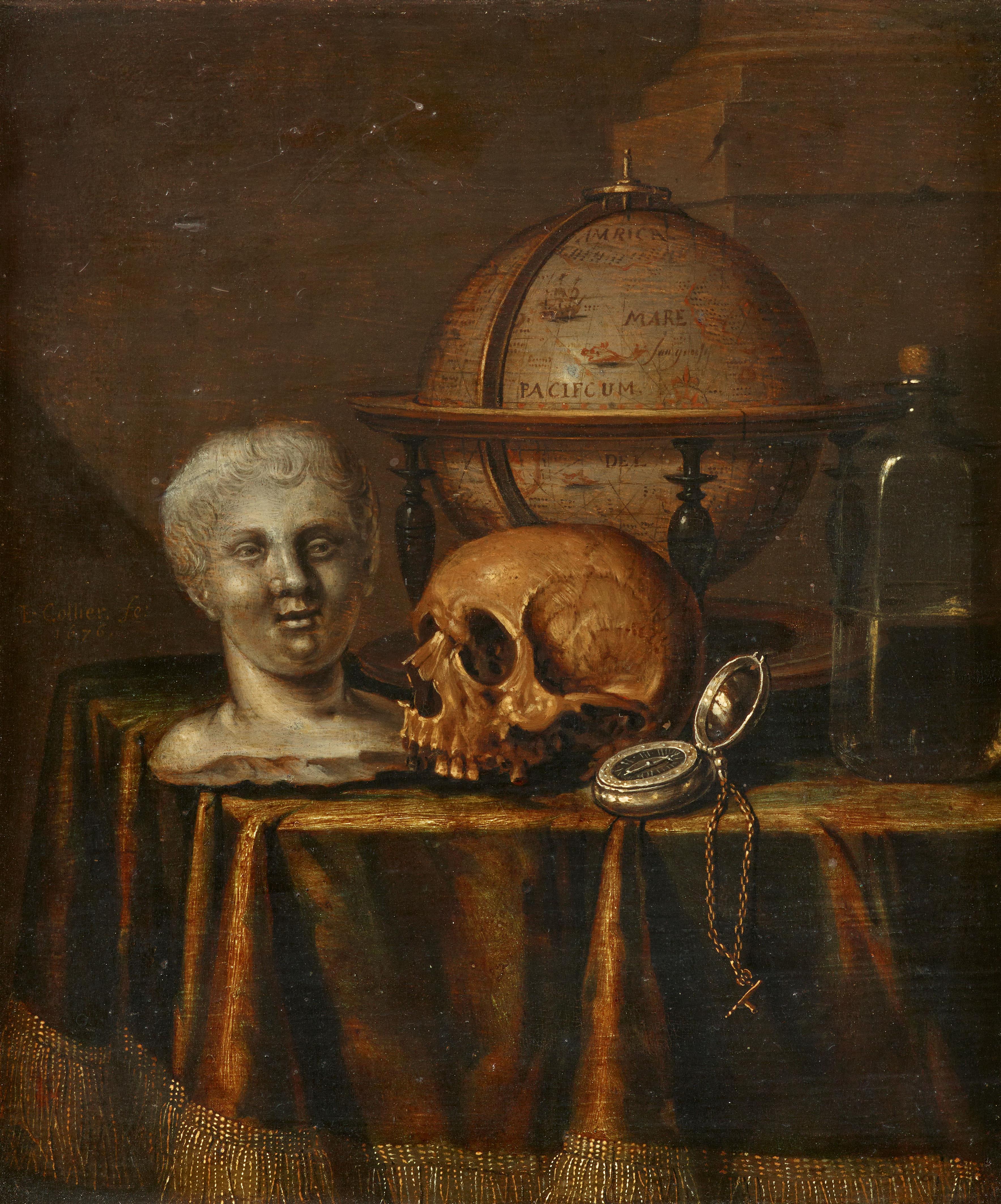 Edwaert Collier - Vanitasstillleben mit Totenkopf, Büste, Uhr, Globus und Flasche