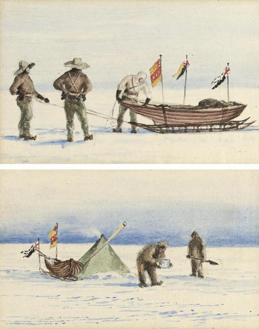 Edward Adrian Wilson - The sledge party to White Island, February 1902: Shackleton, Wilson and Ferrar preparing to set out; Shackleton and Wilson making camp