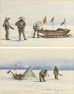 Edward Adrian Wilson - The sledge party to White Island, February 1902: Shackleton, Wilson and Ferrar preparing to set out; Shackleton and Wilson making camp