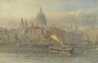 Edward Alfred Angelo Goodall, R.W.S. - A paddle steamer and barges on the Thames before St. Paul\'s Cathedral
