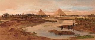 Edward Angelo Goodall, R.W.S. - A camel train with the pyramids beyond