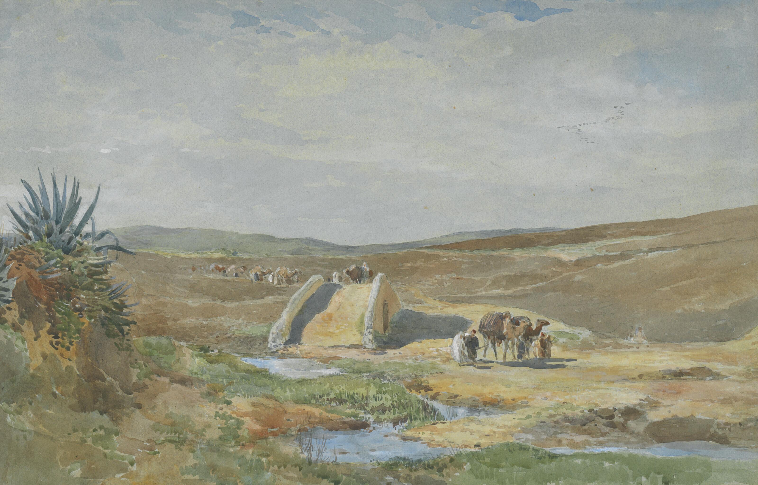 Edward Angelo Goodall, R.W.S. - A caravan by a bridge