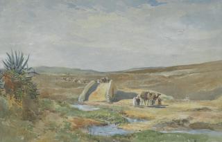 Edward Angelo Goodall, R.W.S. - A caravan by a bridge