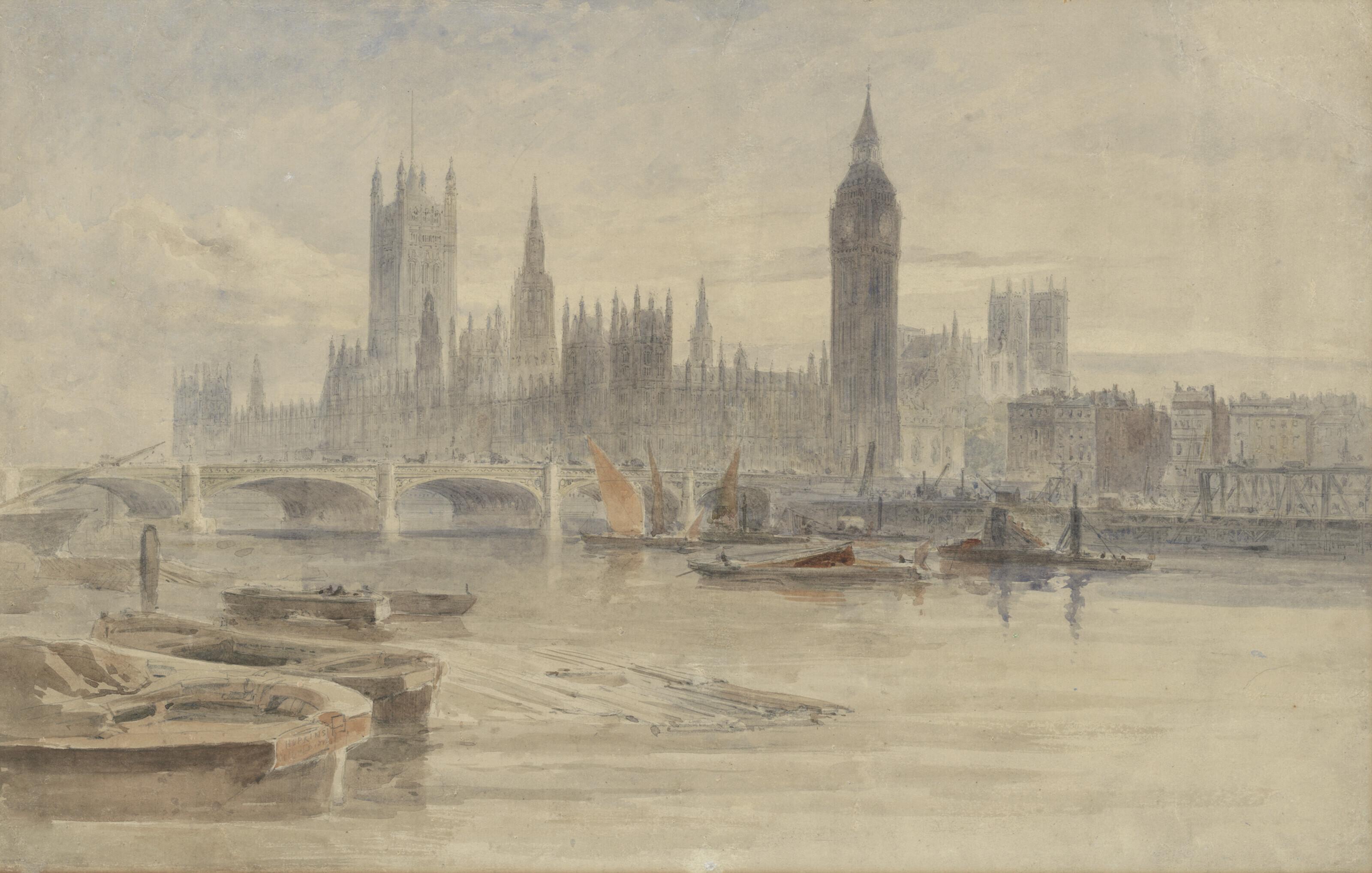 Edward Angelo Goodall, R.W.S. - The Houses of Parliament with Westminster Bridge, London