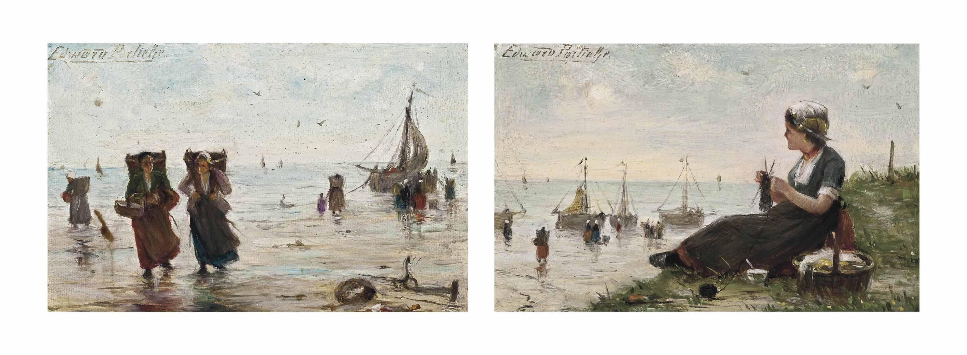 Edward Antoon Portielje - Collecting fruits of the sea; and Knitting on the shore
