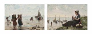 Edward Antoon Portielje - Collecting fruits of the sea; and Knitting on the shore