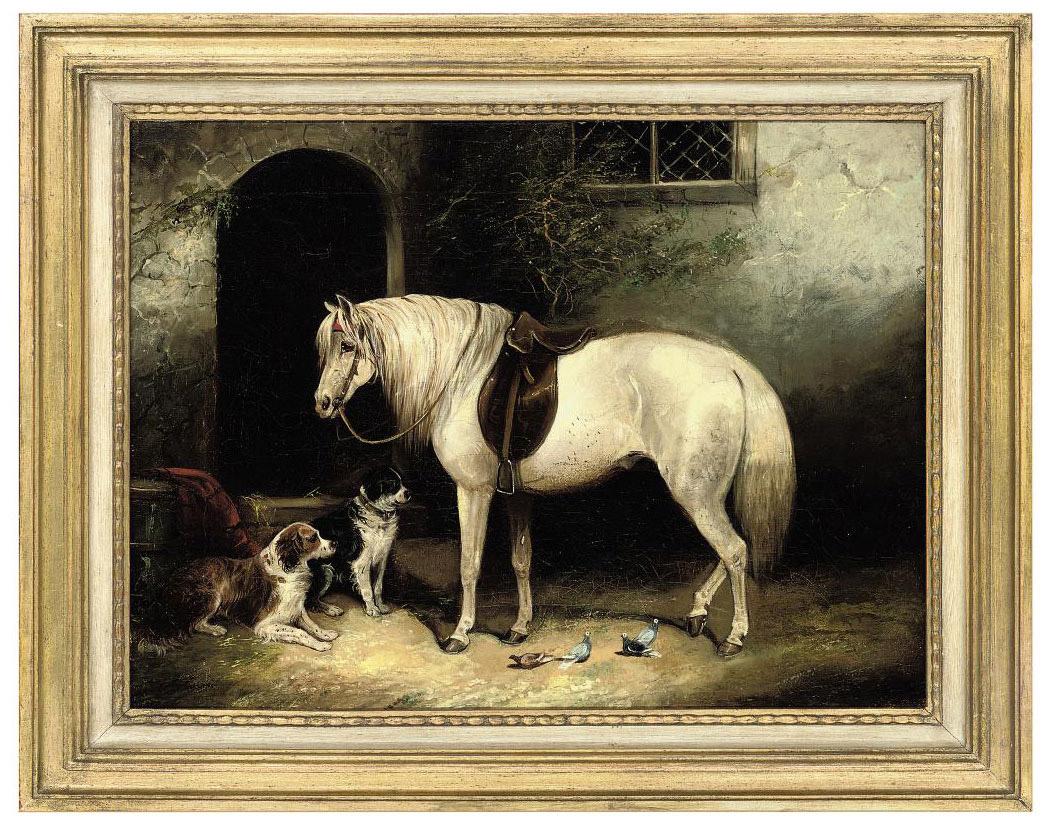 Edward Armfield - A pony, two spaniels and pigeons outside a stable