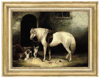 Edward Armfield - A pony, two spaniels and pigeons outside a stable