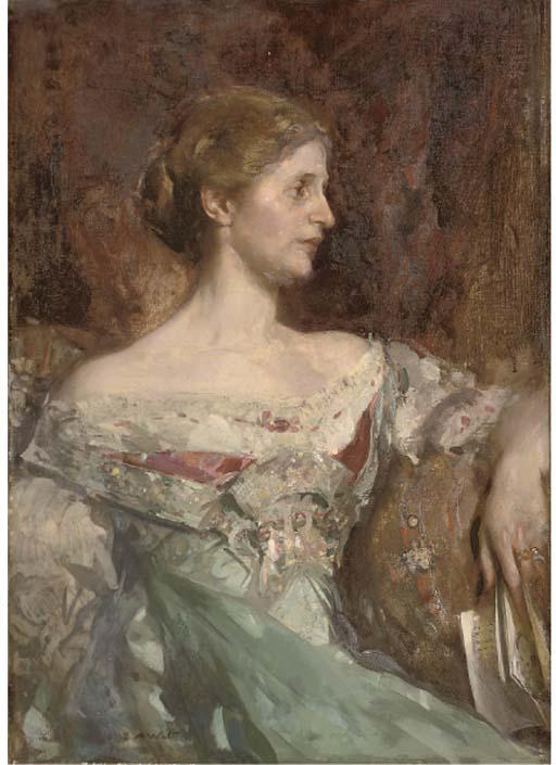 Edward Arthur Walton - Portrait of Jane Bury, Seated Half-Length, In A Blue Dress, Holding A Book