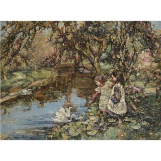 Edward Atkinson Hornel - Feeding The Swans