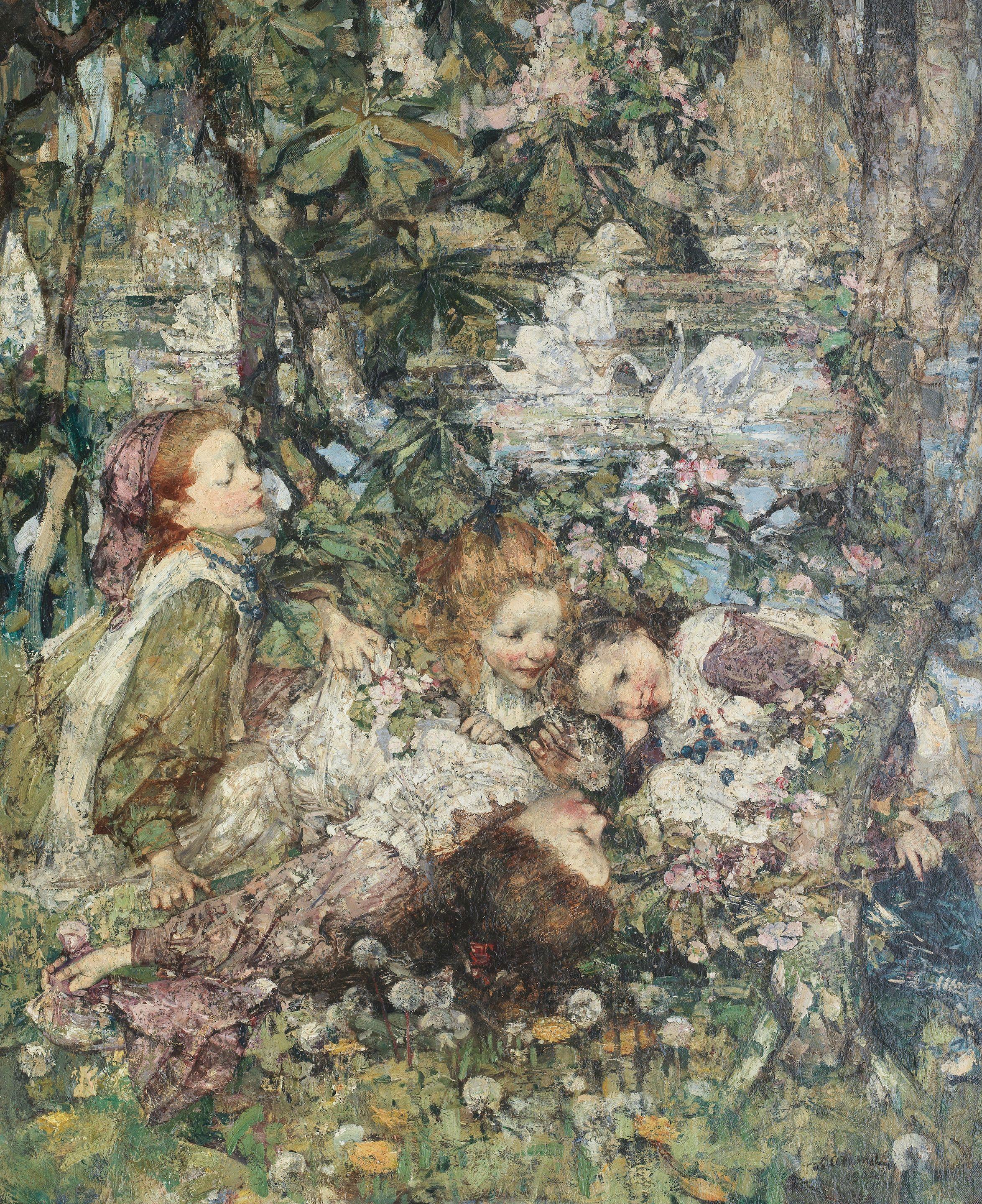 Edward Atkinson Hornel - Lily pond with swans