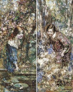 Edward Atkinson Hornel - The Lily Pond; and Gathering Primroses