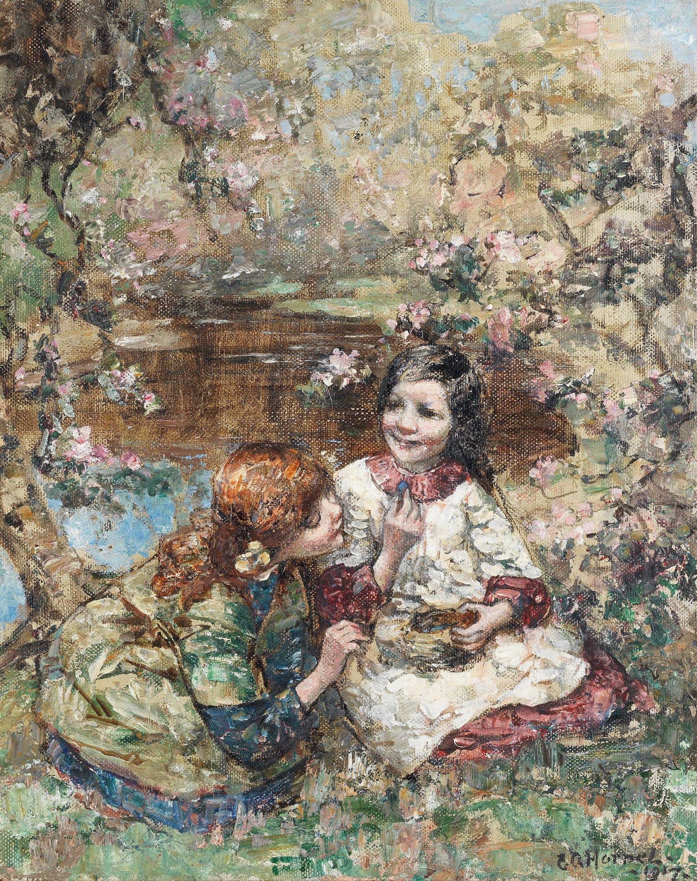 Edward Atkinson Hornel - Two girls with a bird\'s nest