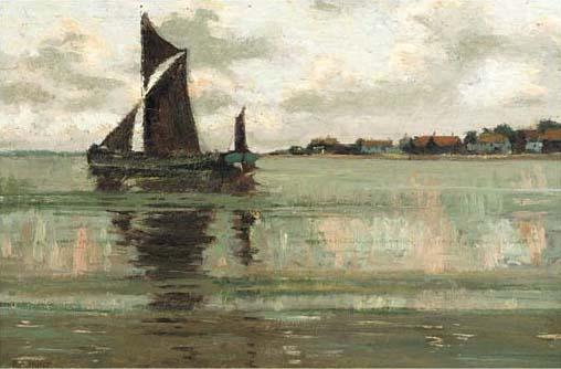 Edward Aubrey Hunt - A fishing boat at anchor in an estuary