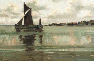 Edward Aubrey Hunt - A fishing boat at anchor in an estuary
