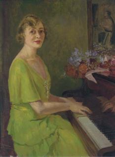 Edward Barnard Lintott - A lady in a green dress playing the piano