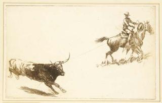 Edward Borein - Cowboy Roping a Steer