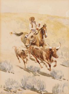 Edward Borein - Cowboy Rounding up a Longhorn and Calf