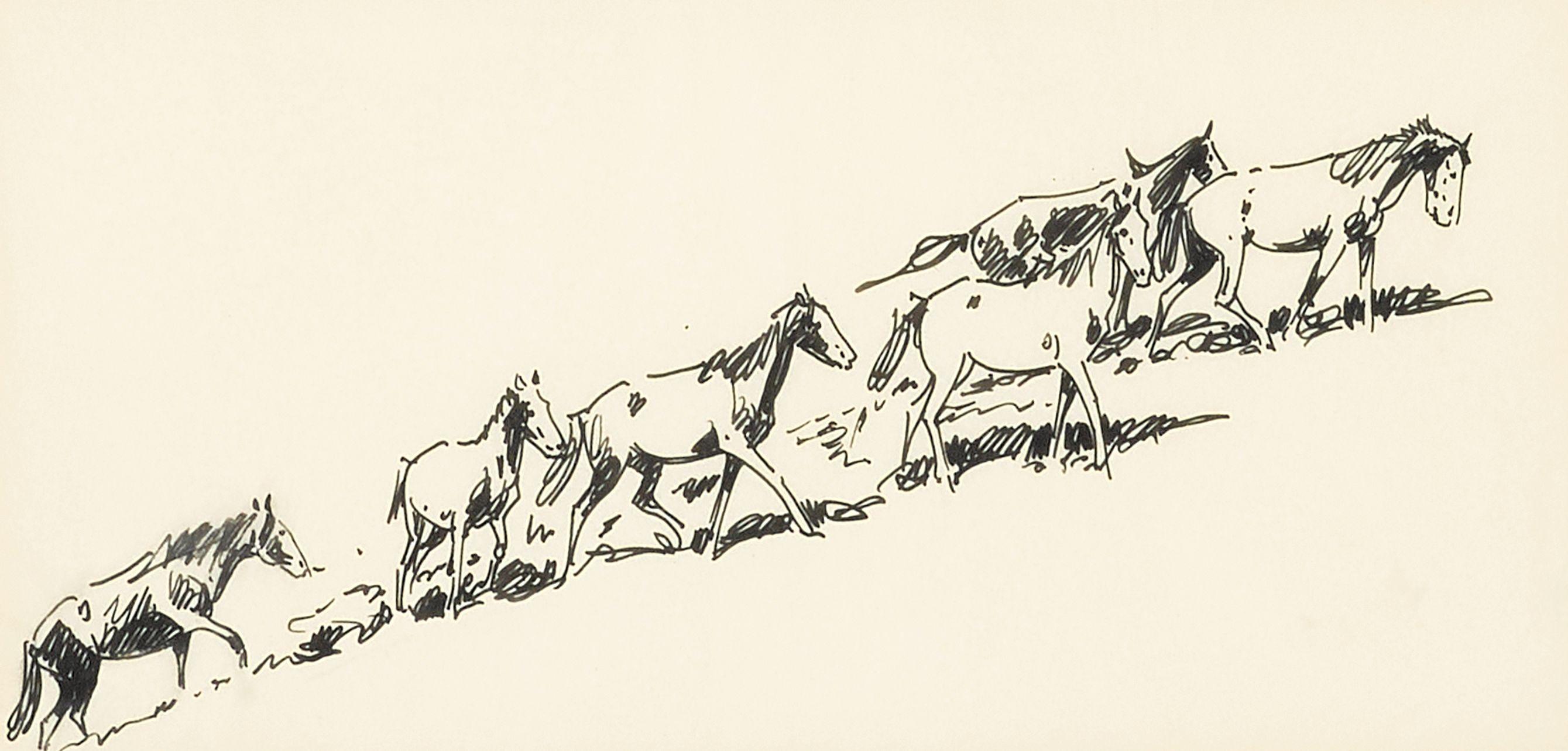 Edward Borein - Six Horses Moving Uphill to the Right and Charging Steer (a group of two)