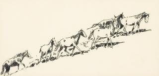 Edward Borein - Six Horses Moving Uphill to the Right and Charging Steer (a group of two)