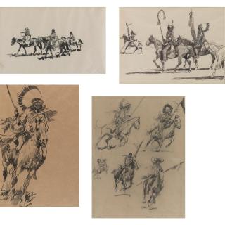 Edward Borein - Studies Of Indian Riders And Horses:  Four Drawings