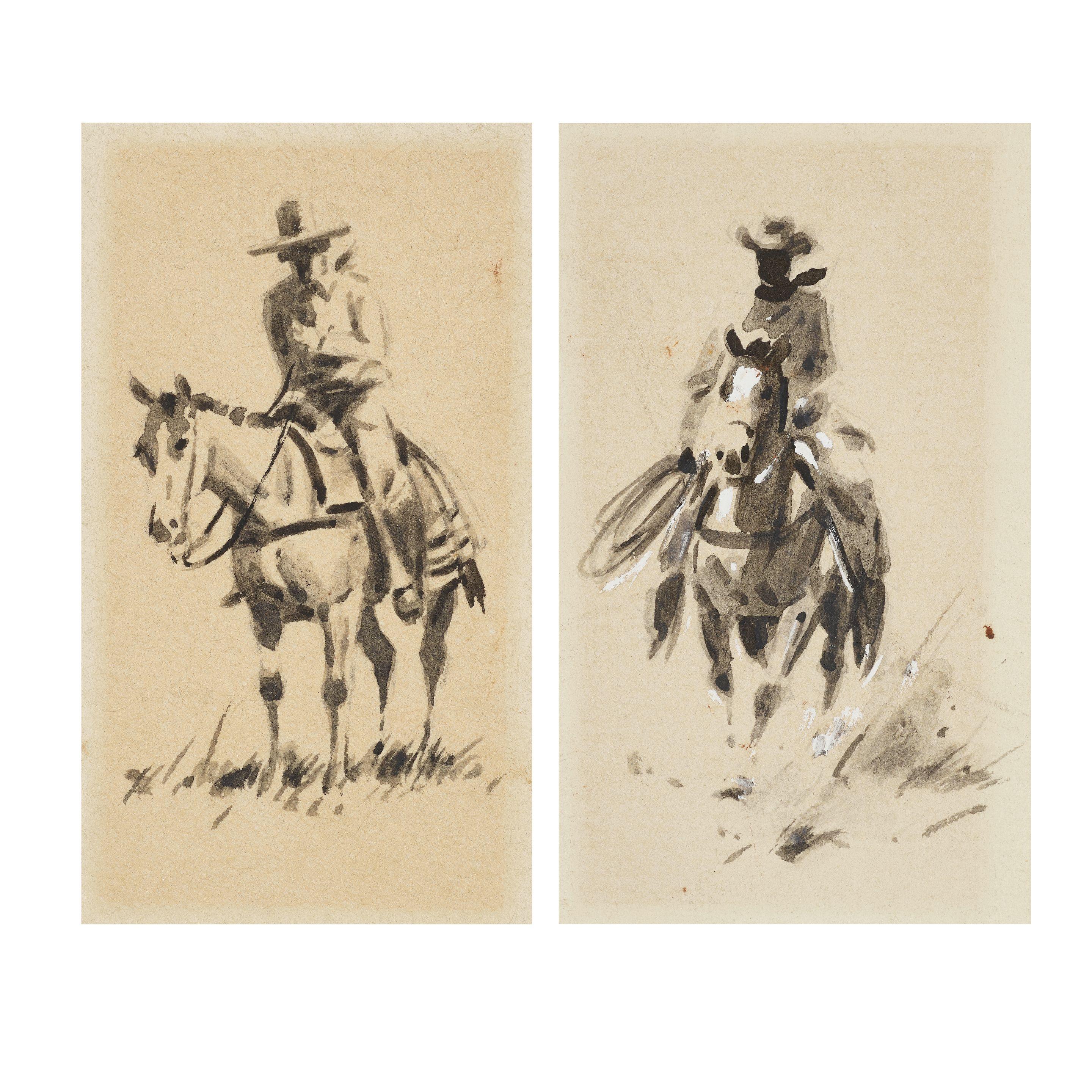Edward Borein - Three Vaqueros, Studies of Cowboys Roping, and two Cowboys on Horseback (a group of four)