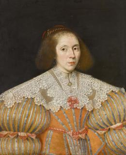 Edward Bower - Portrait Of A Lady, Half-Length, In An Orange Striped Dress With A Lace Collar And Red And White Bows