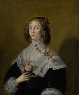 Edward Bower - Portrait Of A Lady, Half-Length, Wearing A Black Dress With Broad Lace Collar, Pearls, Hair Ribbons, And Holding A Bouquet Of Roses