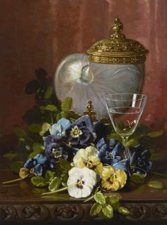 Edward Chalmers Leavitt - Still Life with Pansies and Nautilus Cup