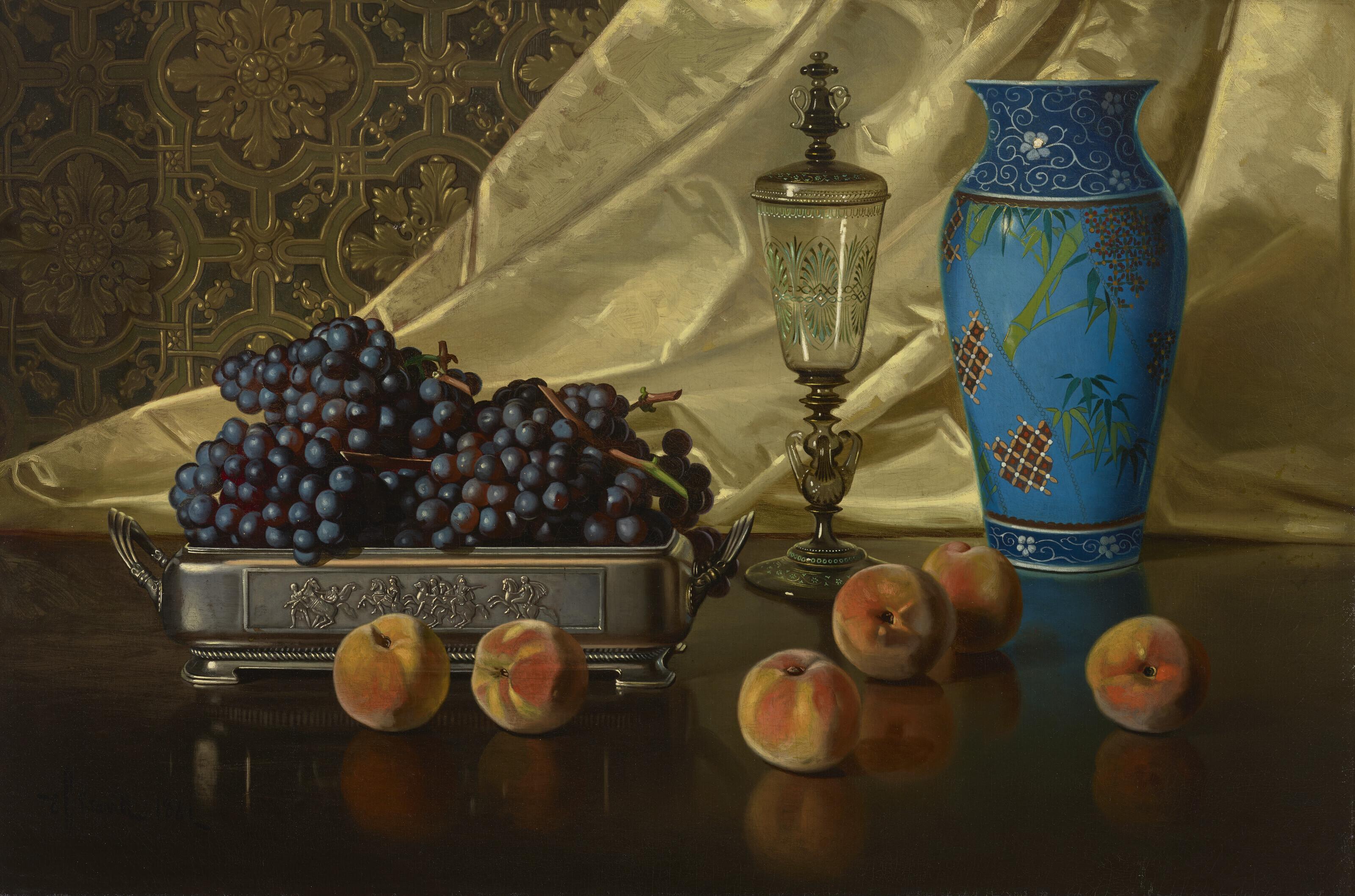 Edward Chalmers Leavitt - Still Life with Peaches and Grapes in Silver Dish