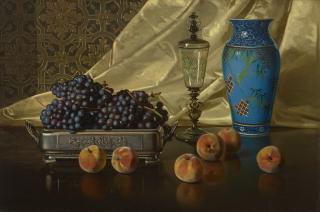 Edward Chalmers Leavitt - Still Life with Peaches and Grapes in Silver Dish