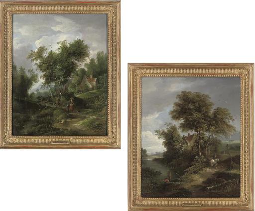 Edward Charles Williams - Anglers before a cottage, a horse and rider passing nearby; and Figures crossing a wooden bridge, a cottage in the distance