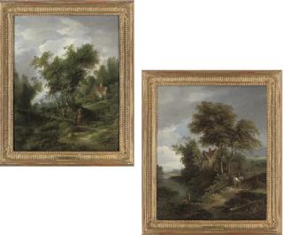 Edward Charles Williams - Anglers before a cottage, a horse and rider passing nearby; and Figures crossing a wooden bridge, a cottage in the distance