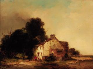Edward Charles Williams - Figures before a cottage in a wooded landscape