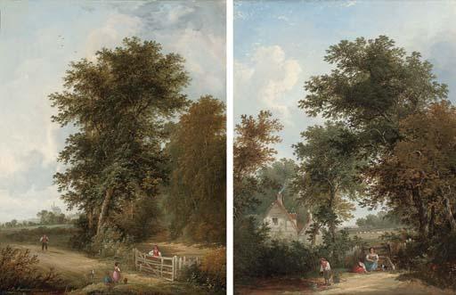 Edward Charles Williams - Figures beside a pool before a gate, a cottage beyond; and Another similar