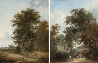 Edward Charles Williams - Figures beside a pool before a gate, a cottage beyond; and Another similar